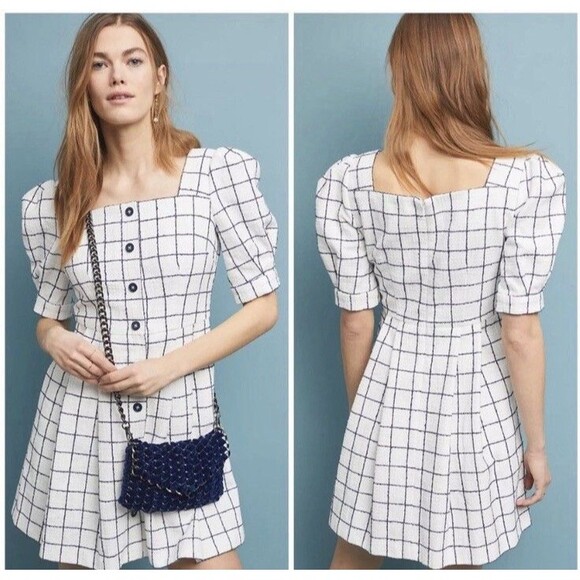 Gal Meets Glam OP Windowpane Check Puff Sleeve Mini Dress White Blue Cotton - Picture 1 of 8